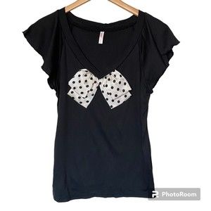 Betty's Cap Sleeve Black Short Sleeve Polk A Dot Bow Detail L